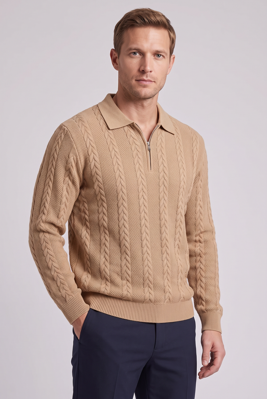 The Varese Cable Quarter Zip – Khaki
