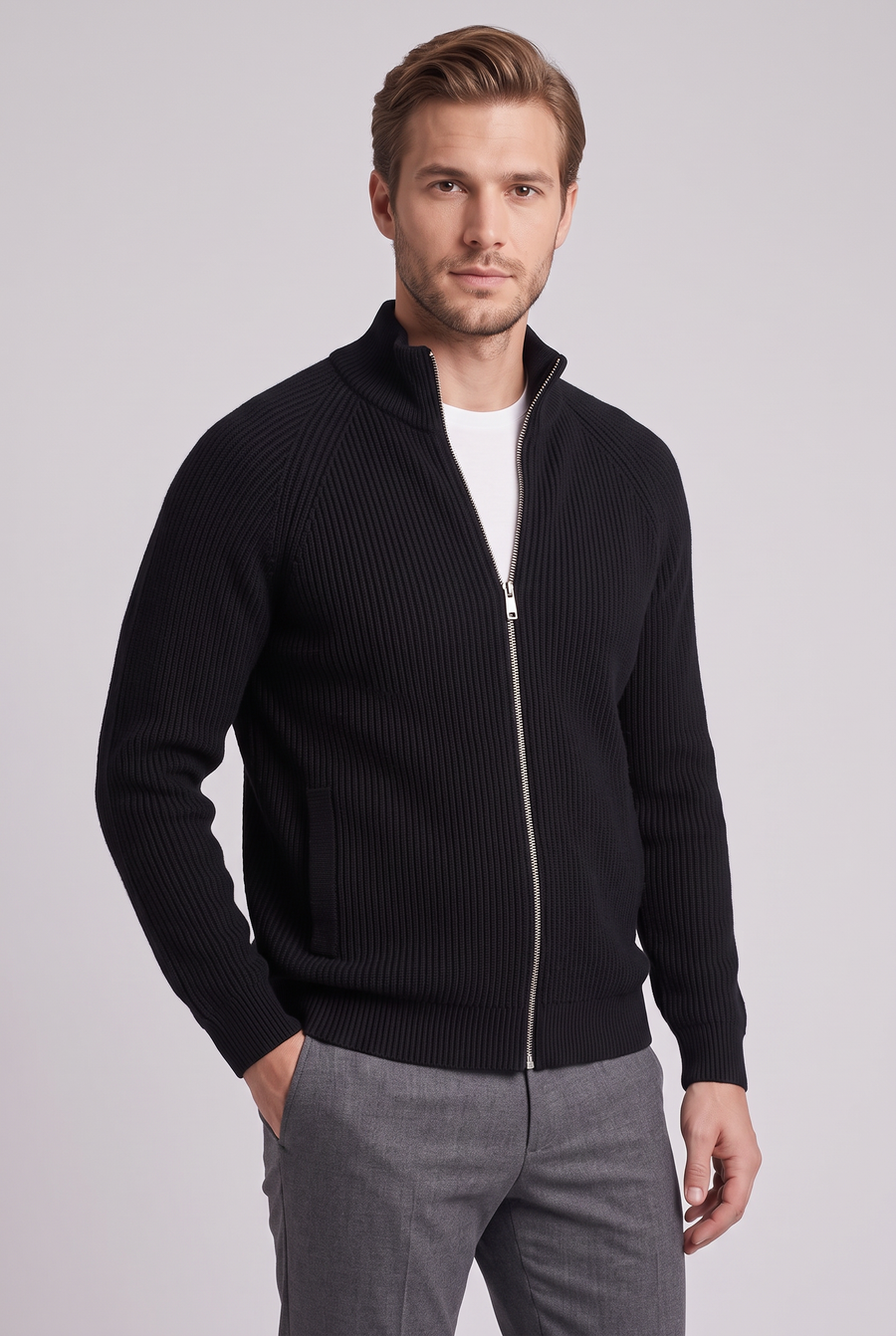 The Livorno Ribbed Zip Cardigan – Black