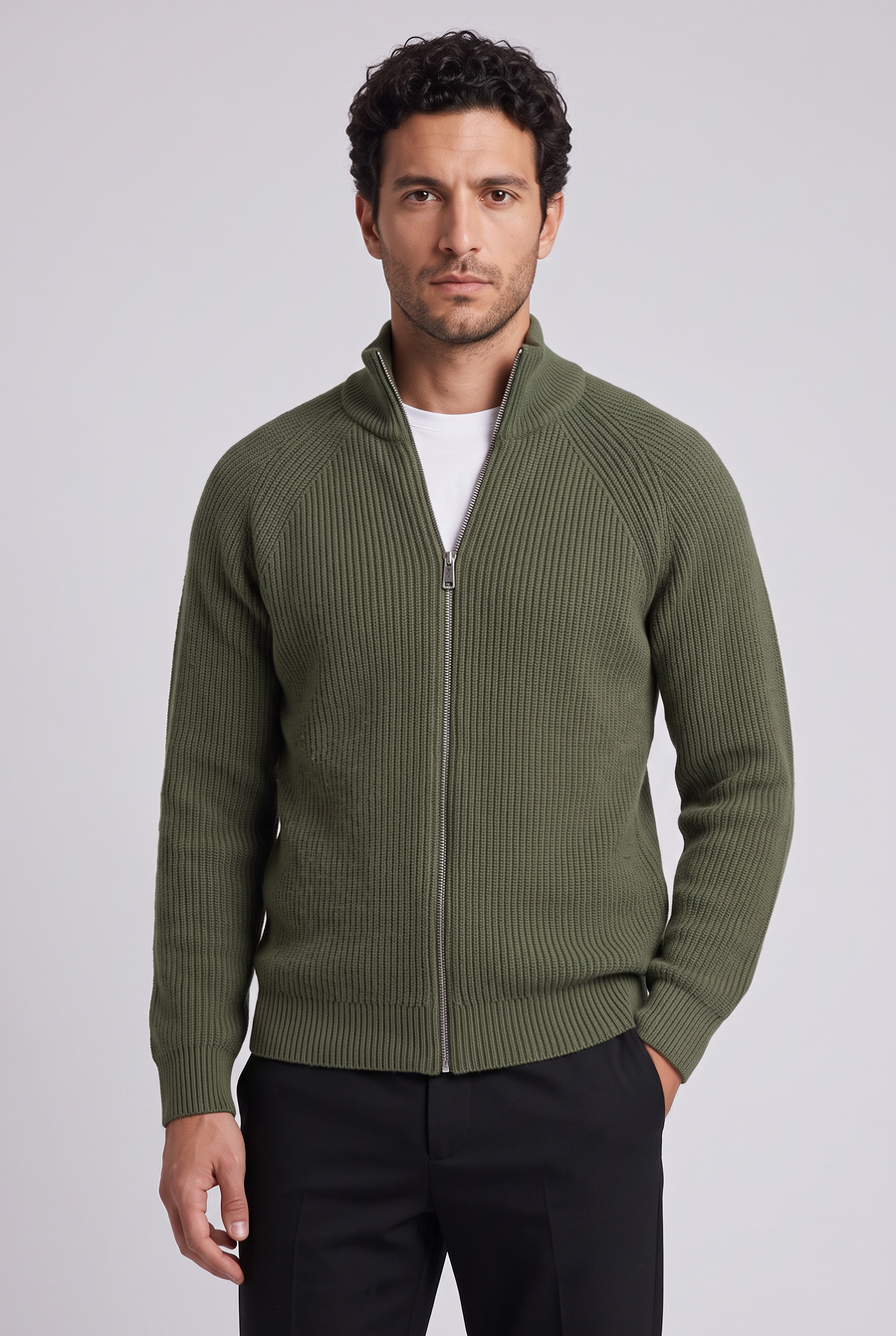 The Livorno Ribbed Zip Cardigan – Army Green