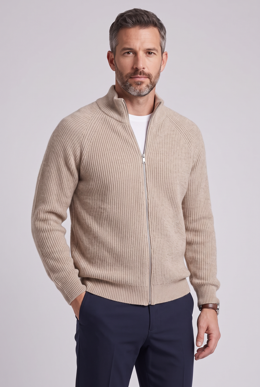 The Livorno Ribbed Zip Cardigan – Beige